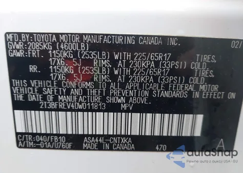 2013 Toyota Rav4 Le from USA, damaged, VIN 2T3BFREV4DW011813